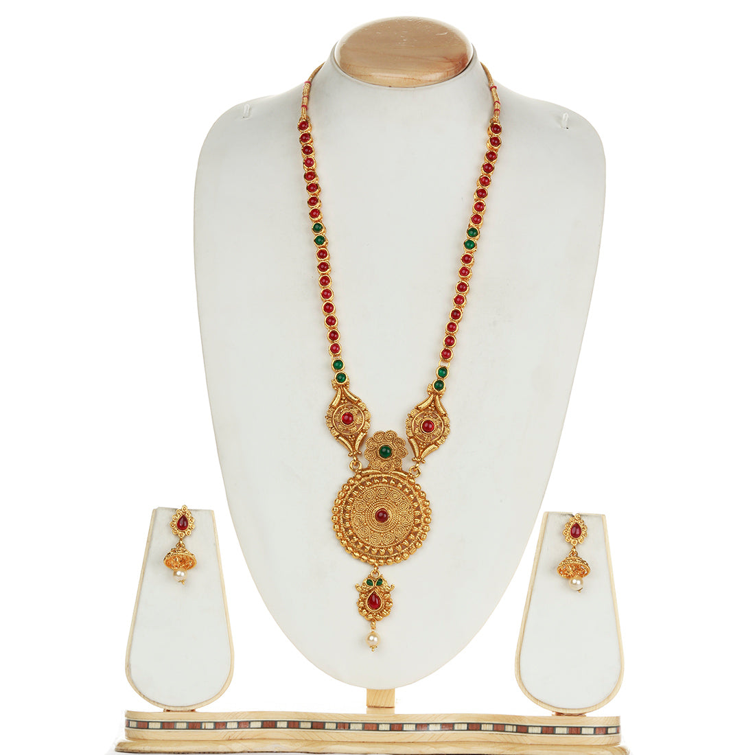 Pretty Round Shape Green Maroon Color Long Necklace Set