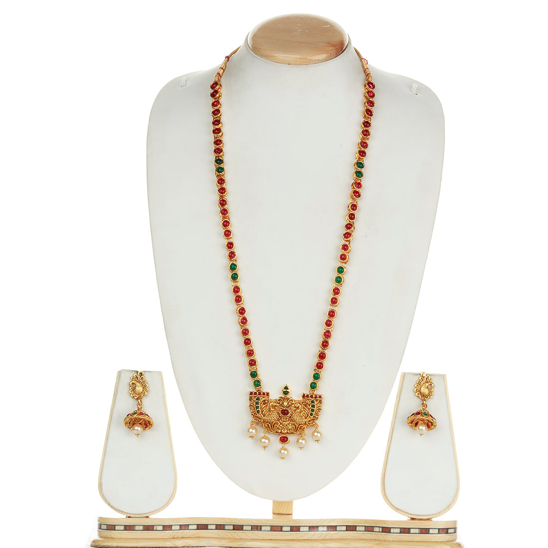 Latest Peacock Design Green Maroon Long Necklace Set
