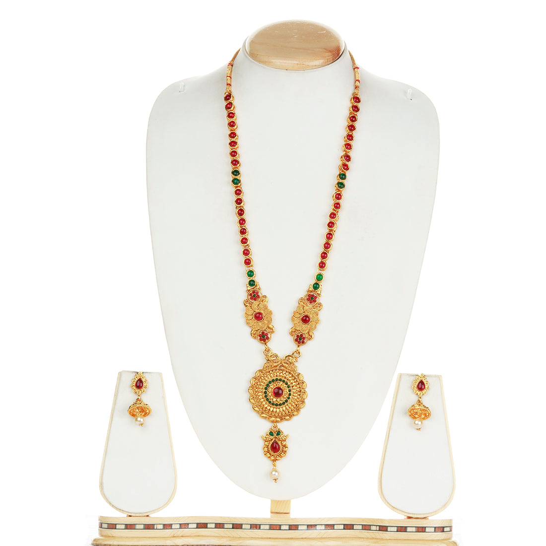 Fancy Round Shape Peacock Design Green Maroon Long Necklace Set