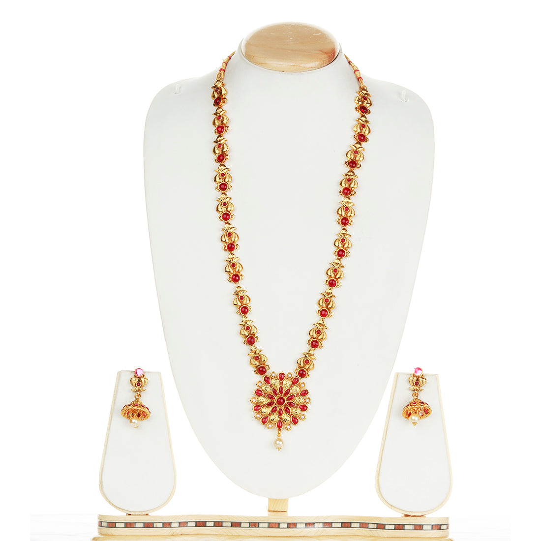 Catchy Flower Type Deign Maroon Color Long Necklace Set