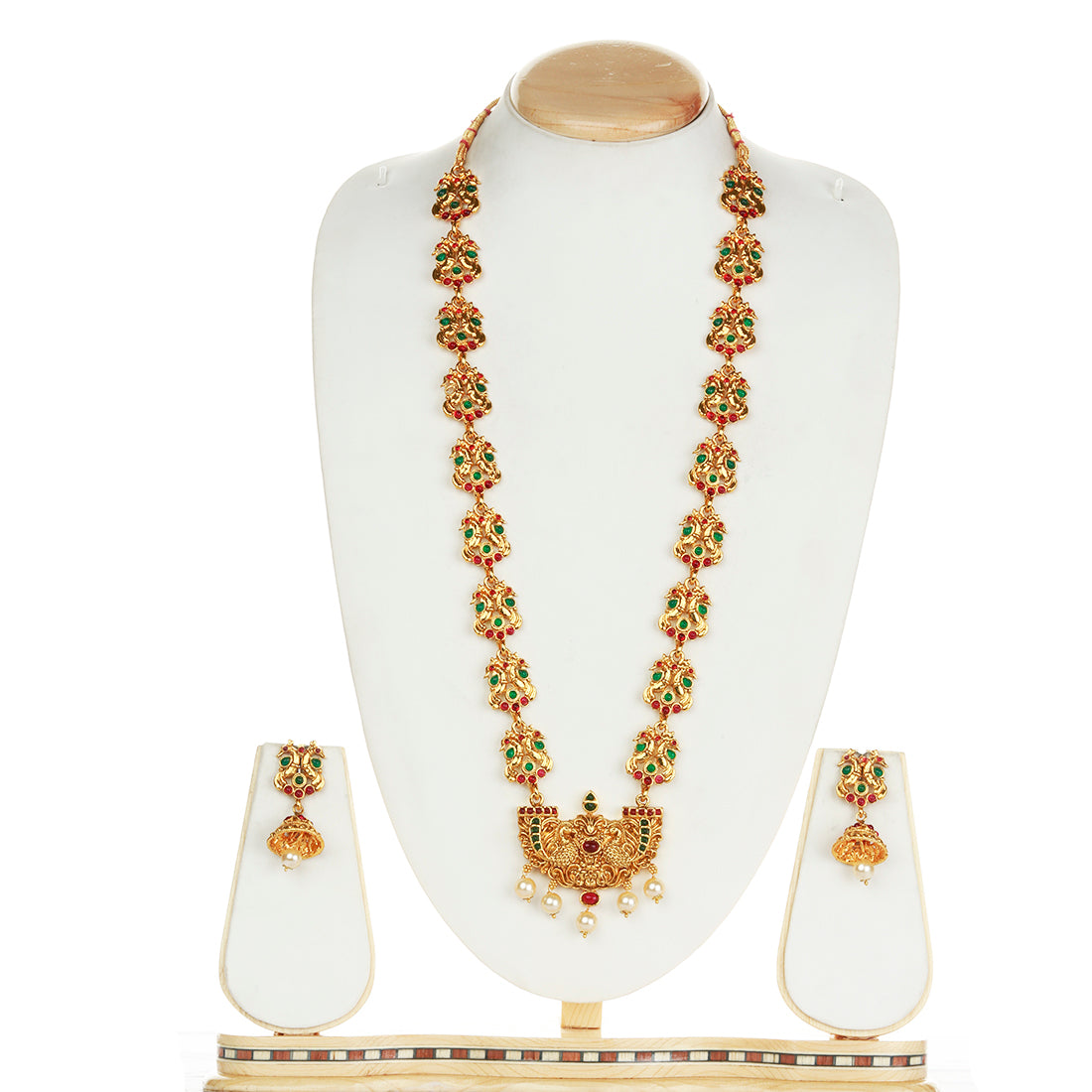 Catchy Peacock Design Green Maroon Color Long Necklace Set