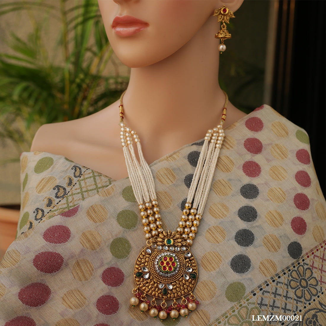 Gold Plated Pearls Mala Long Necklace Set