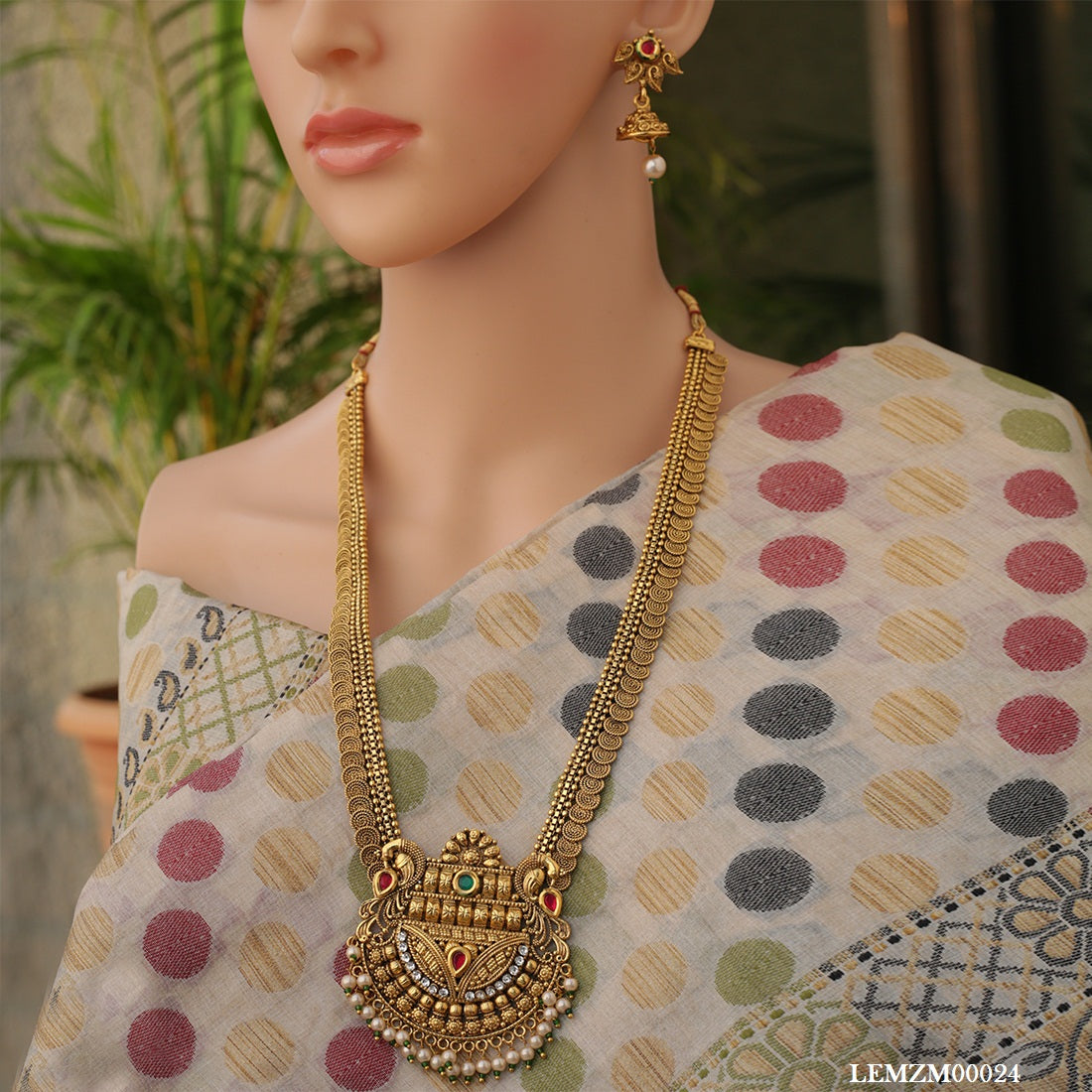 Gold Plated Peacock Jalebi Pearls Long Necklace Set