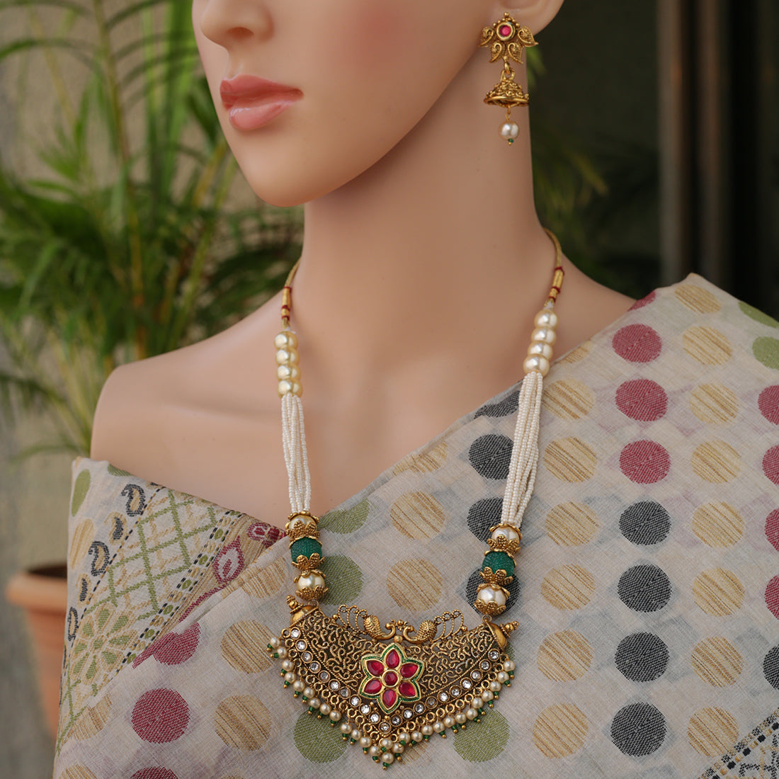 Gold plated Maroon kundan With Pearls mala peacock necklace set