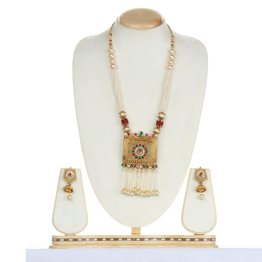 Square Type Green Maroon Color Kediya Long Necklace Set