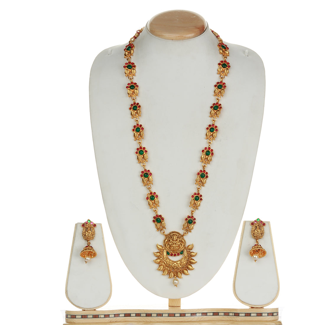 Attractive Laxmi Design Green Maroon Long Necklace Set