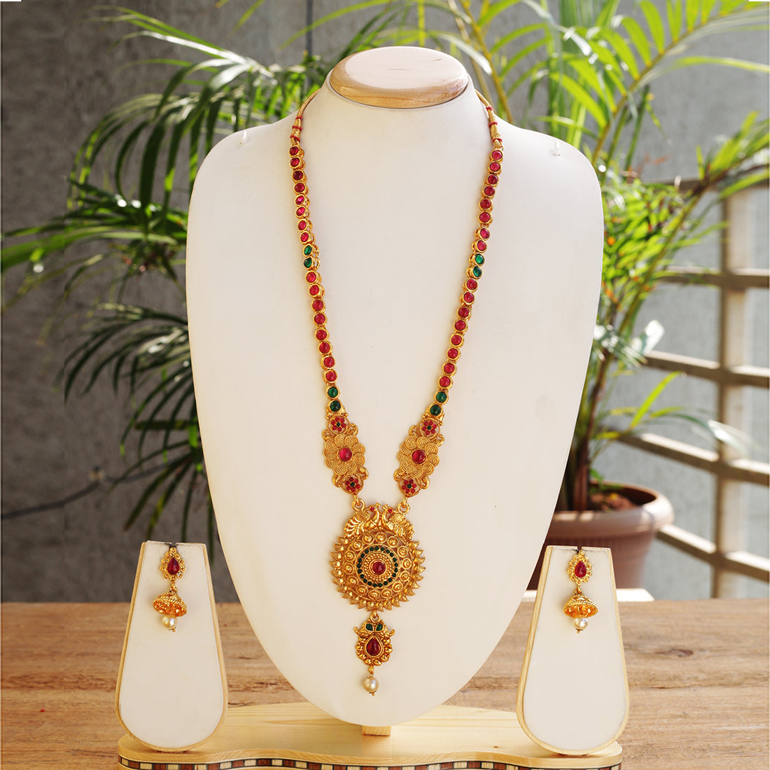 Pretty Green Maroon Color Peacock Design Long Necklace Set