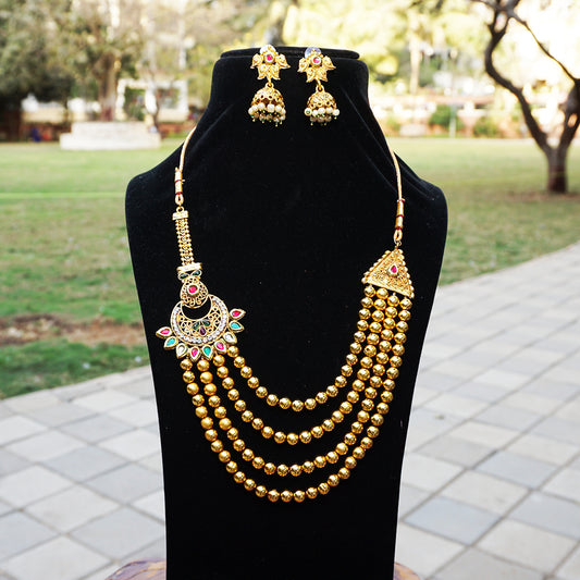 Beautiful 4 Layer Mala Green Maroon Kundan Long Necklace Set