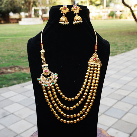 Beautiful 4 Layer Mala Green Maroon Round Shape Kundan Long Necklace Set