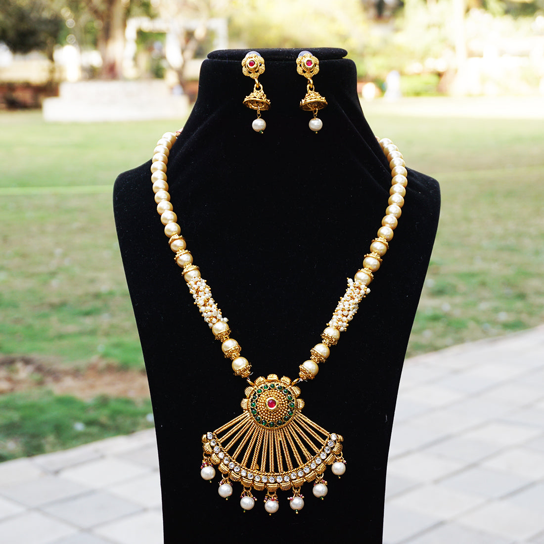 Ethnic Green Maroon Color Long Necklace Set