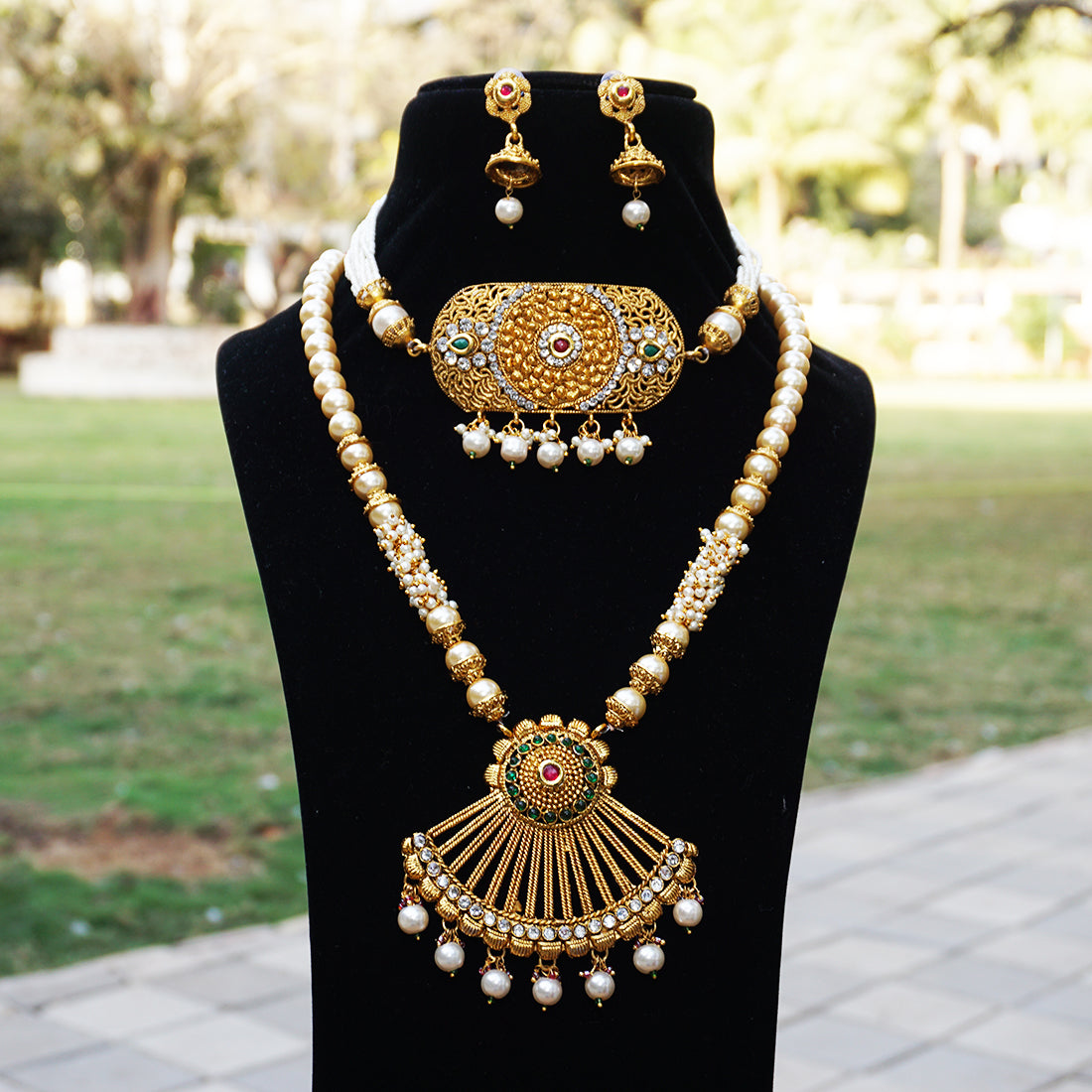 Beautiful Green Maroon Long & Short Necklace Set