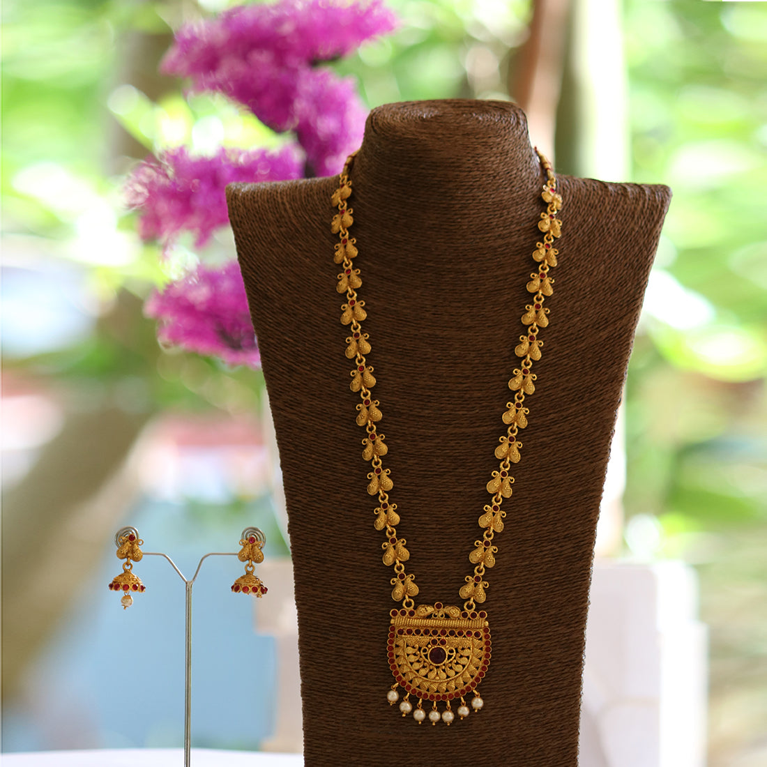 Latest Peacock Design Green Maroon Color Long Necklace Set