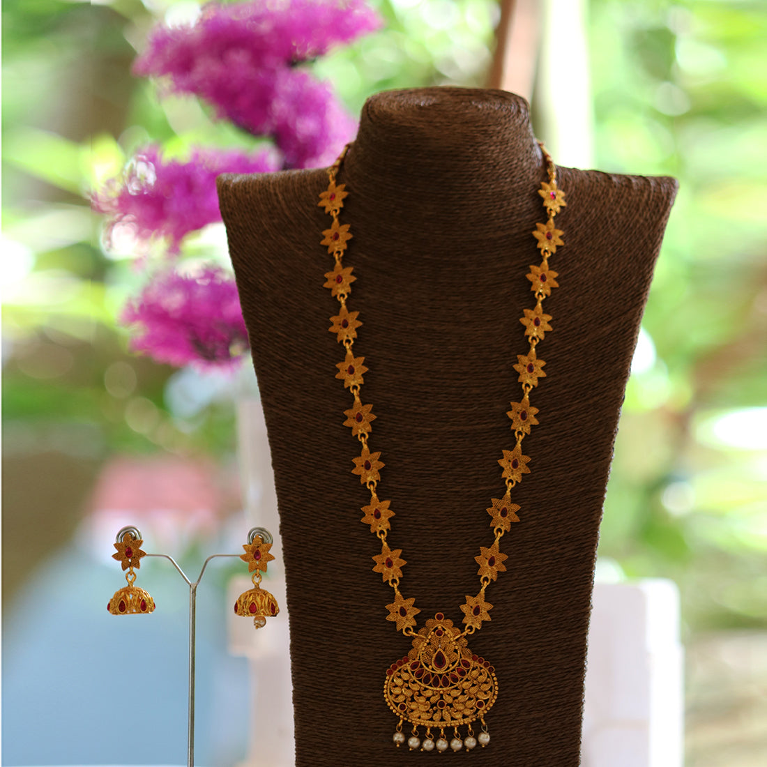 Latest Peacock Design Maroon Color Long Necklace Set