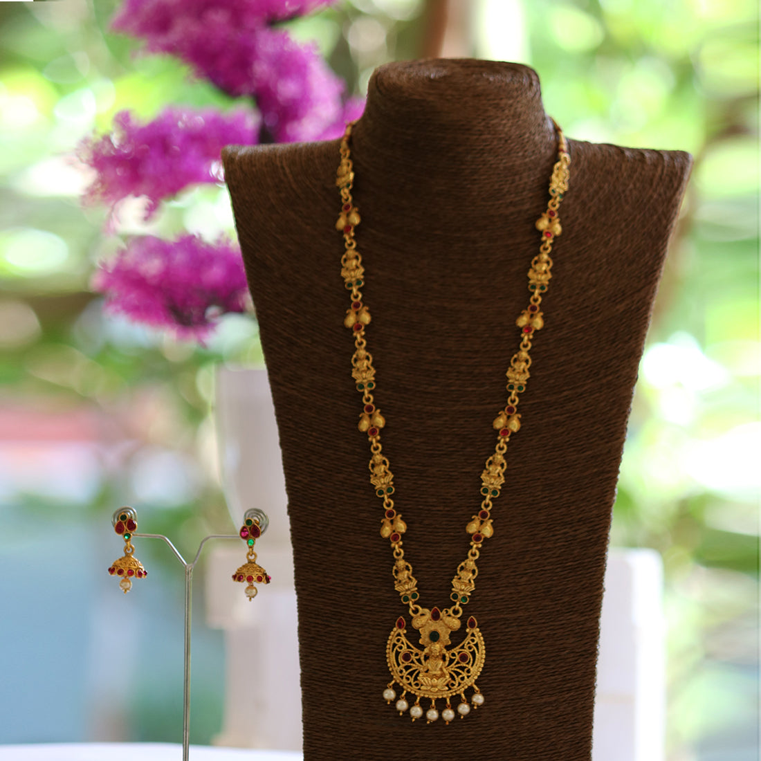 Smarty Green Maroon Laxmi Design Long Necklace Set