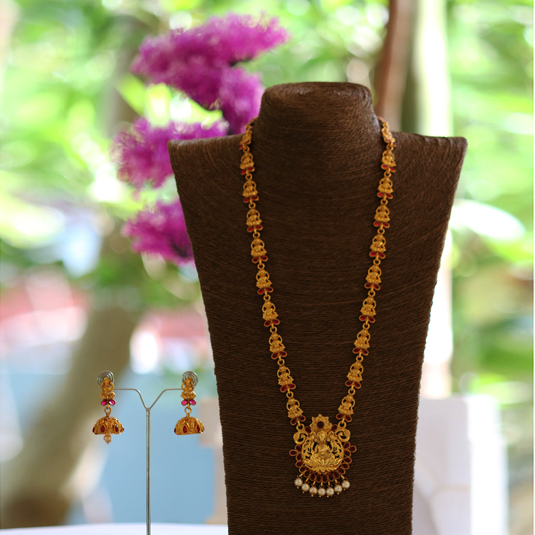 Fashionable Maroon Peacock Design Long Necklace Set