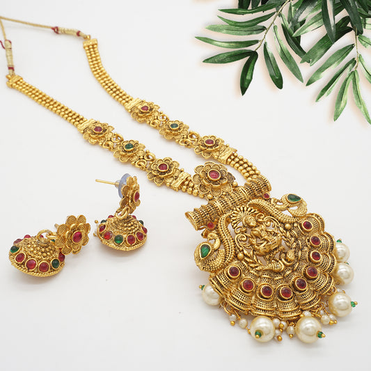 Laxmi Temple Long Necklace Set With Jhumki Earring