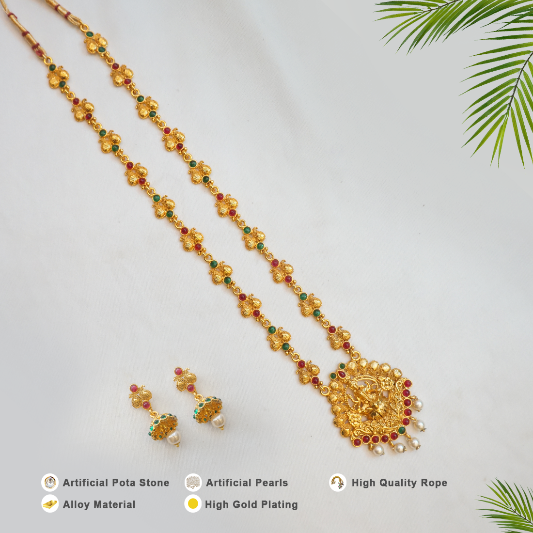Classic Antique Gold Plated long Necklace Set Look Ethnic