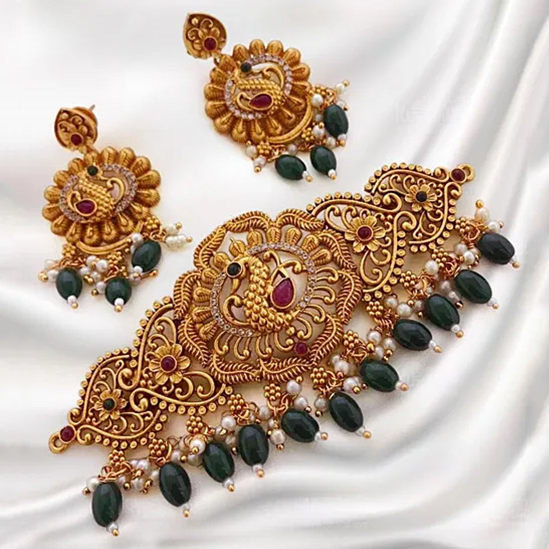 Choker Gold Plated Peacock Style Necklace With Earring
